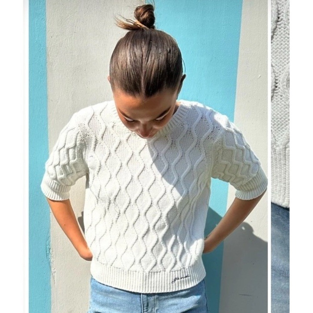 Ganni Cable Knit Short Sleeve Sweater Small Tie Open Back Coastal Quiet Luxury